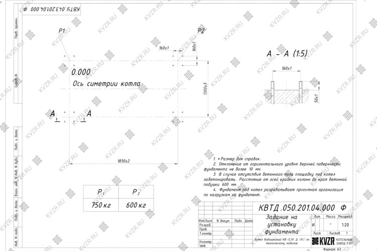 Чертеж фундамента котла на дровах 0.58 МВт с колосниками